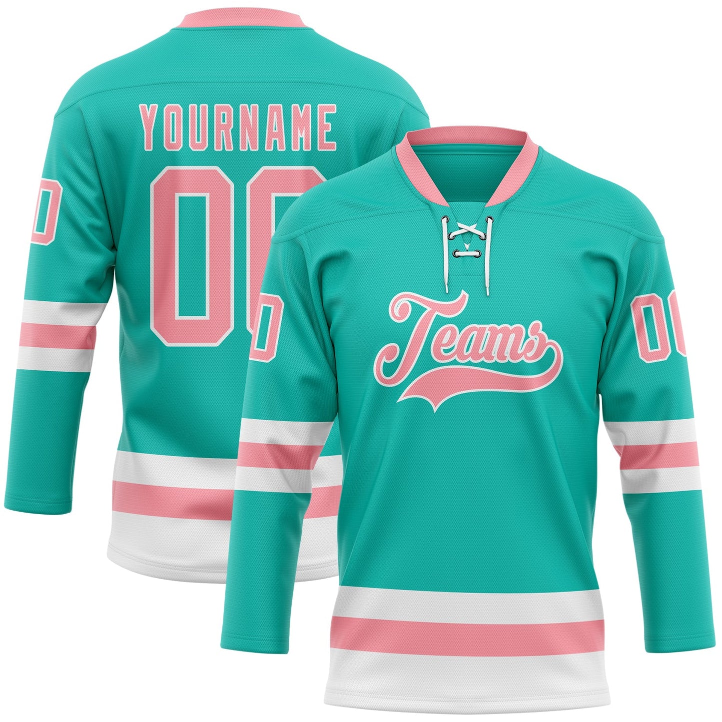 Custom Aqua Medium Pink-White Hockey Lace Neck Jersey