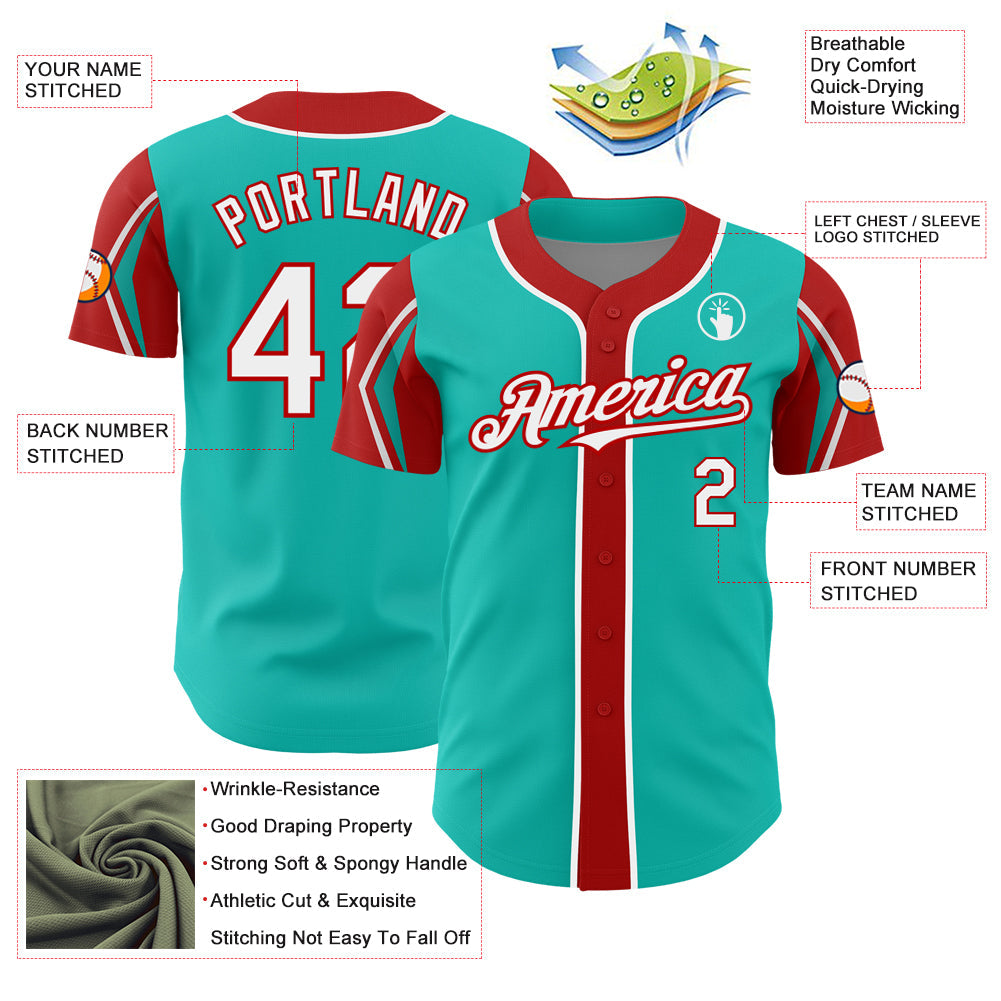 Custom Aqua White-Red 3 Colors Arm Shapes Authentic Baseball Jersey