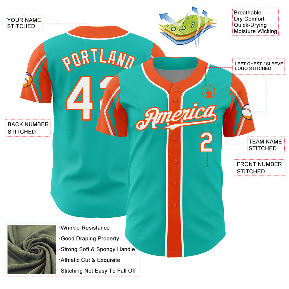 Custom Aqua White-Orange 3 Colors Arm Shapes Authentic Baseball Jersey