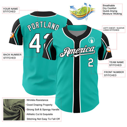 Custom Aqua White-Black 3 Colors Arm Shapes Authentic Baseball Jersey