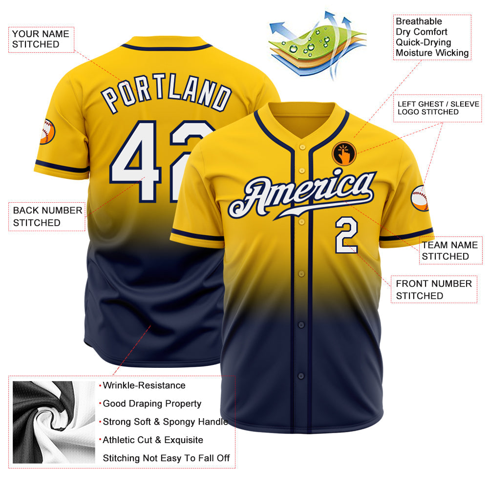 Custom Yellow White-Navy Authentic Fade Fashion Baseball Jersey