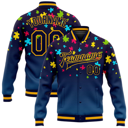 Custom Autism Awareness Puzzle Pieces Navy-Gold 3D Bomber Full-Snap Varsity Letterman Jacket