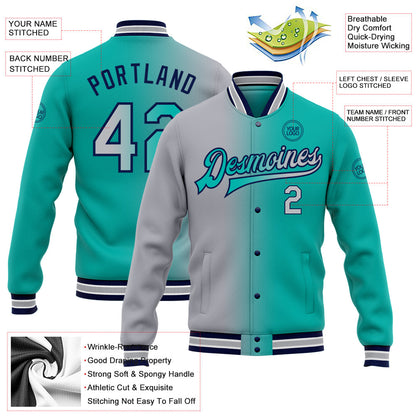 Custom Aqua Gray-Navy Bomber Full-Snap Varsity Letterman Gradient Fashion Jacket