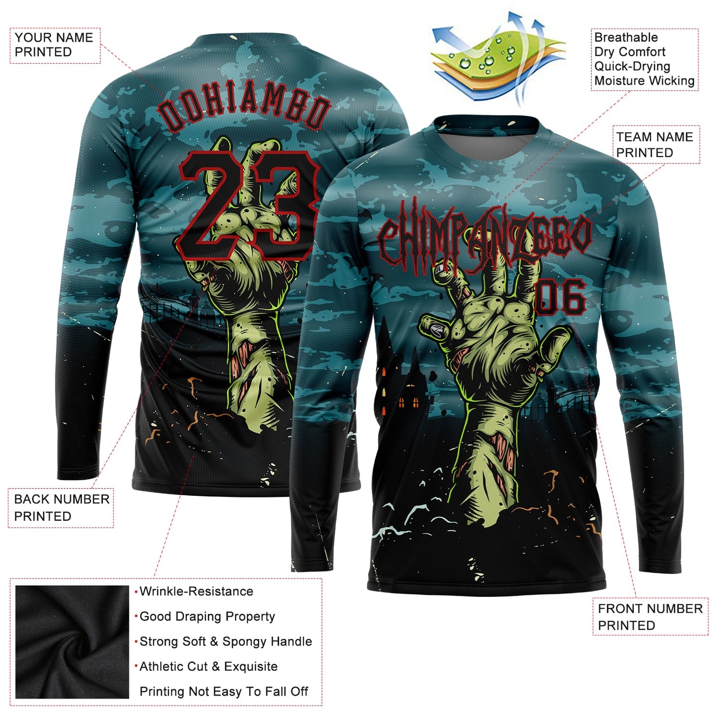 Custom 3D Pattern Halloween Horror Night Trick Treat Long Sleeve Performance T-Shirt