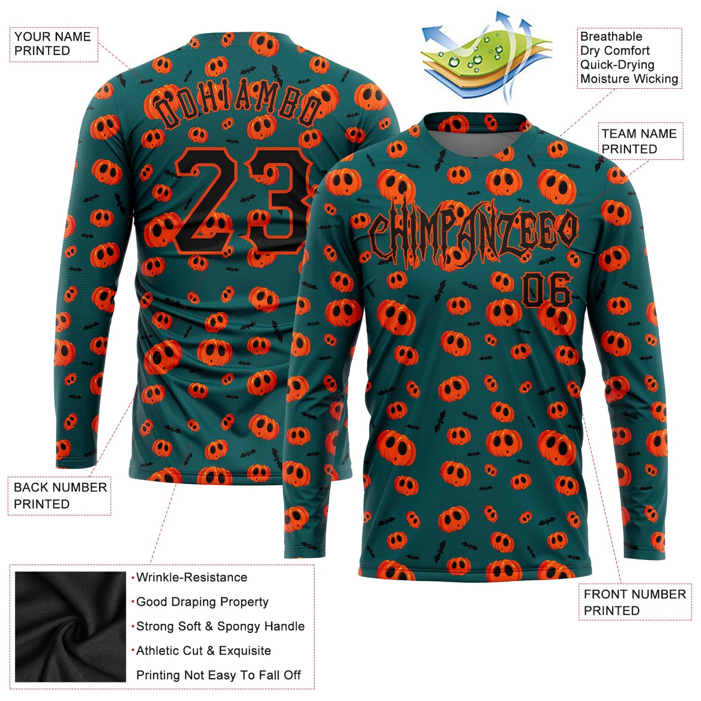 Custom 3D Pattern Halloween Pumpkins Long Sleeve Performance T-Shirt