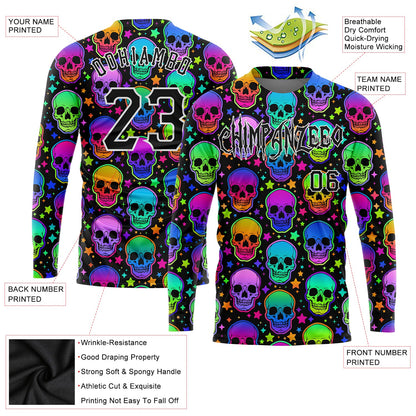 Custom 3D Pattern Bright Multicolored Halloween Skulls Long Sleeve Performance T-Shirt