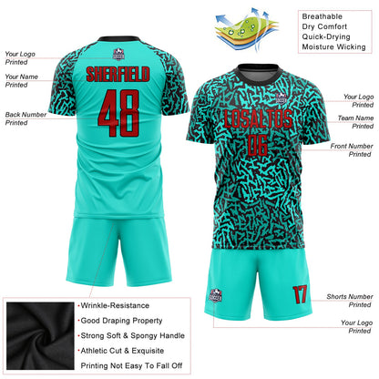 Custom Aqua Red-Black Sublimation Soccer Uniform Jersey