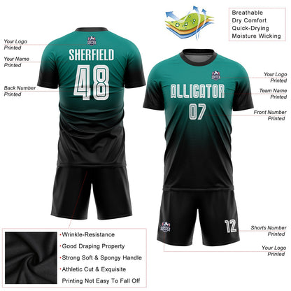 Custom Aqua White-Black Sublimation Fade Fashion Soccer Uniform Jersey