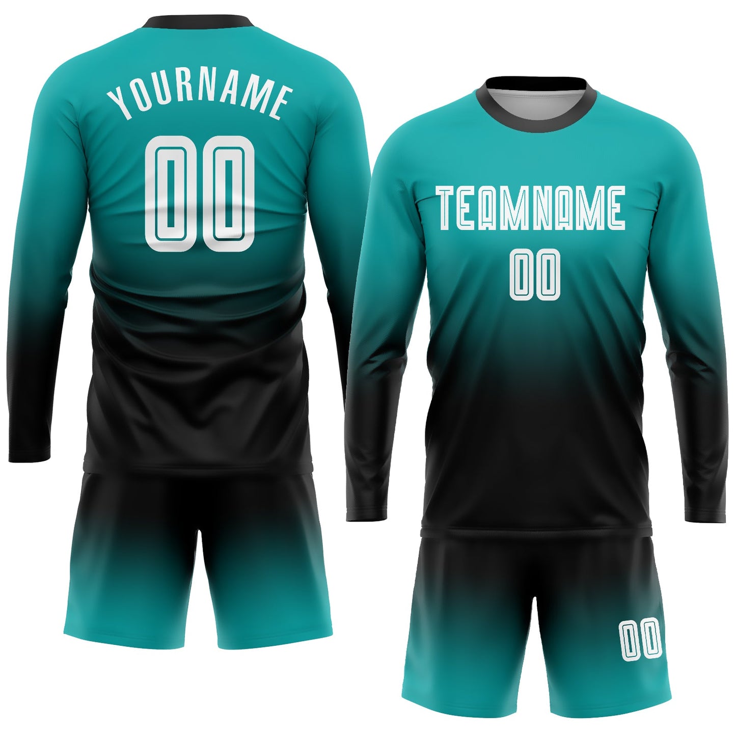 Custom Aqua White-Black Sublimation Long Sleeve Fade Fashion Soccer Uniform Jersey