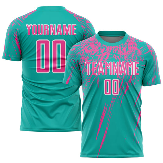 Custom Aqua Pink-White Sublimation Soccer Uniform Jersey