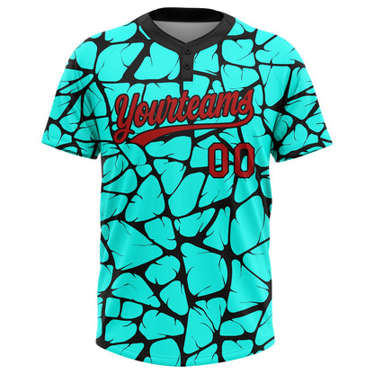 Custom Aqua Red-Black 3D Pattern Two-Button Unisex Softball Jersey