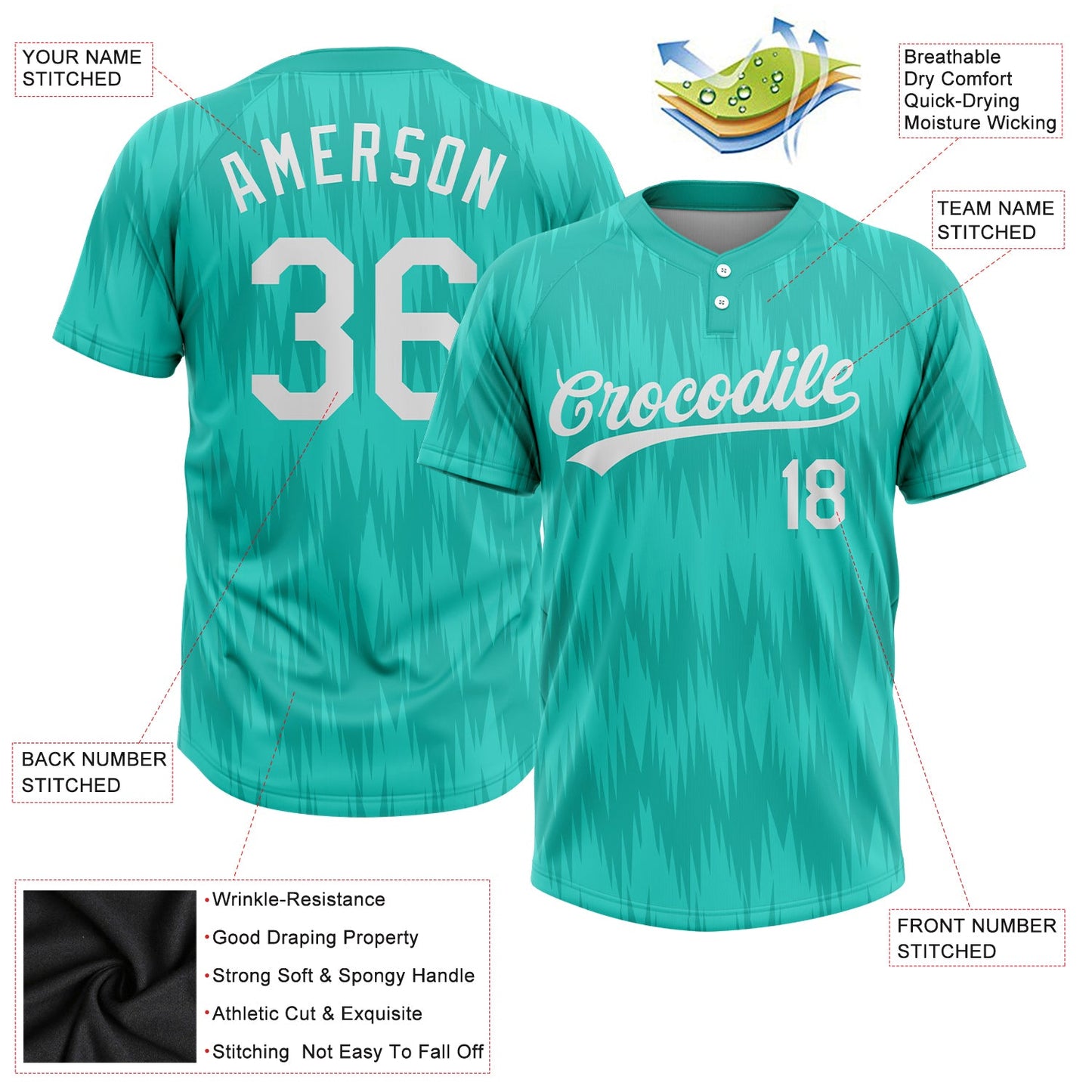 Custom Aqua White 3D Pattern Two-Button Unisex Softball Jersey