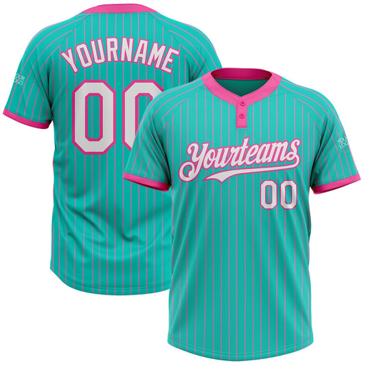 Custom Aqua Pink Pinstripe White Two-Button Unisex Softball Jersey