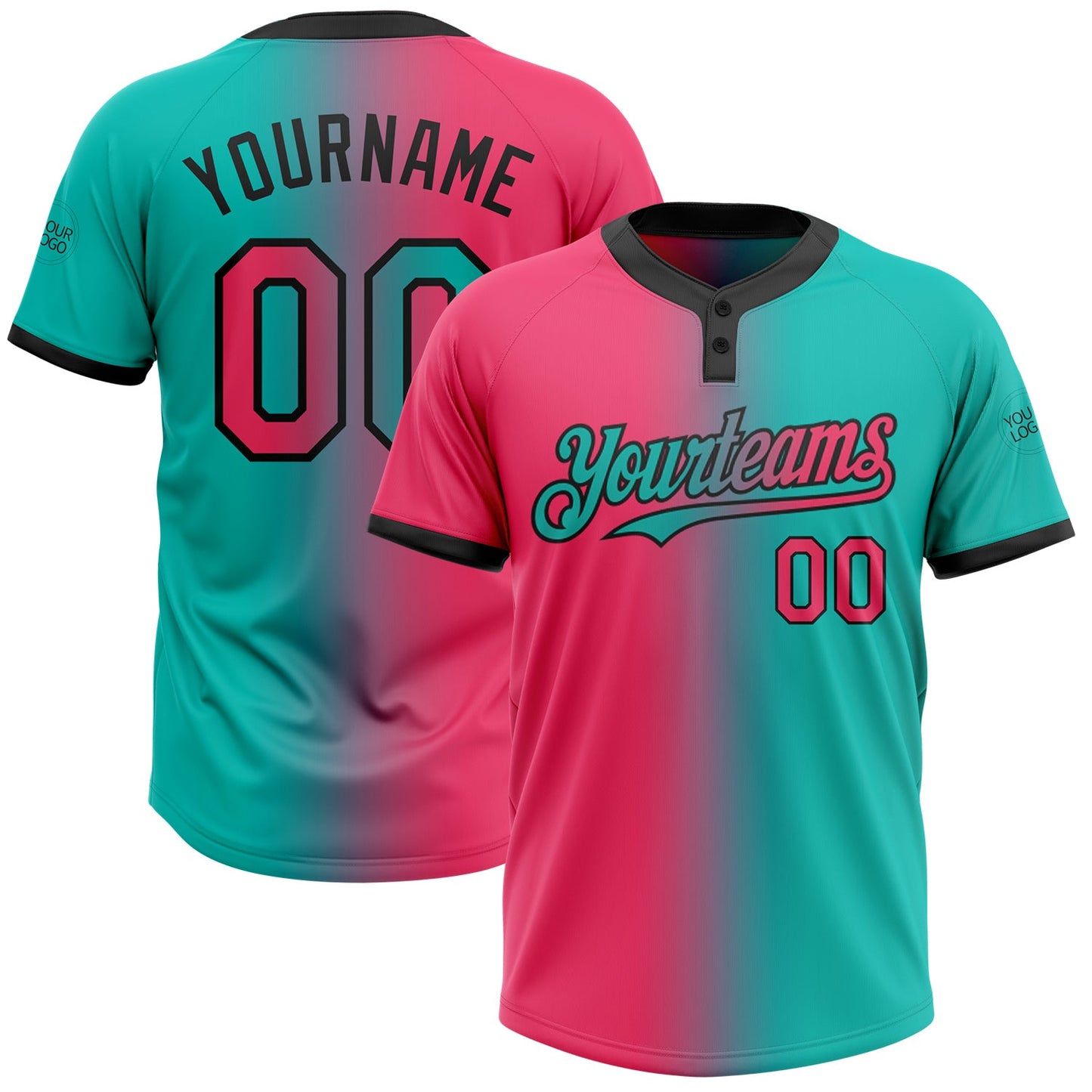 Custom Aqua Neon Pink-Black Gradient Fashion Two-Button Unisex Softball Jersey