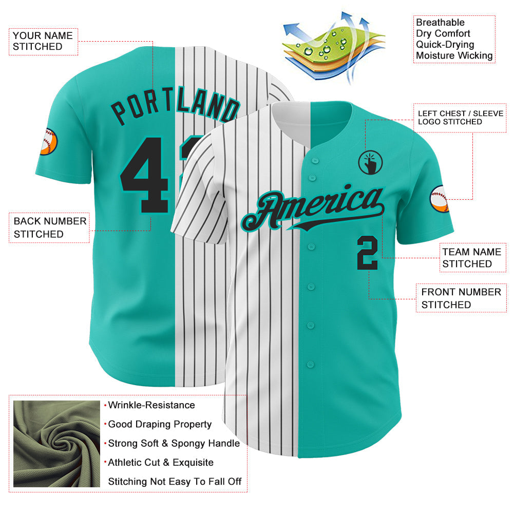 Custom Aqua White-Black Pinstripe Authentic Split Fashion Baseball Jersey