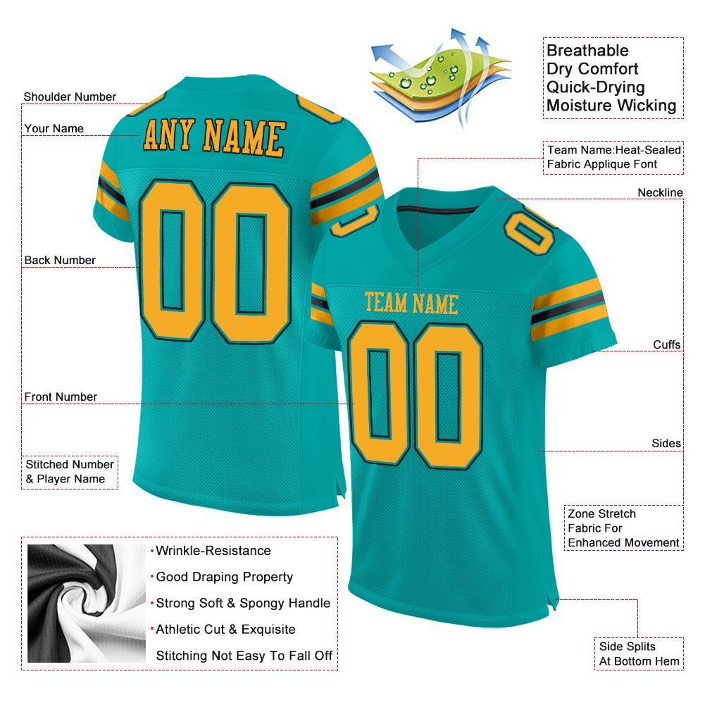 Custom Aqua Gold-Black Mesh Authentic Football Jersey