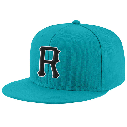 Custom Aqua Black-White Stitched Adjustable Snapback Hat