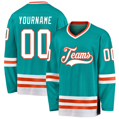 Custom Aqua White-Orange Hockey Jersey