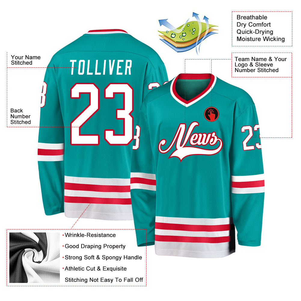 Custom Aqua White-Red Hockey Jersey