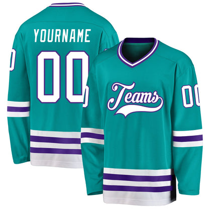 Custom Aqua White-Purple Hockey Jersey