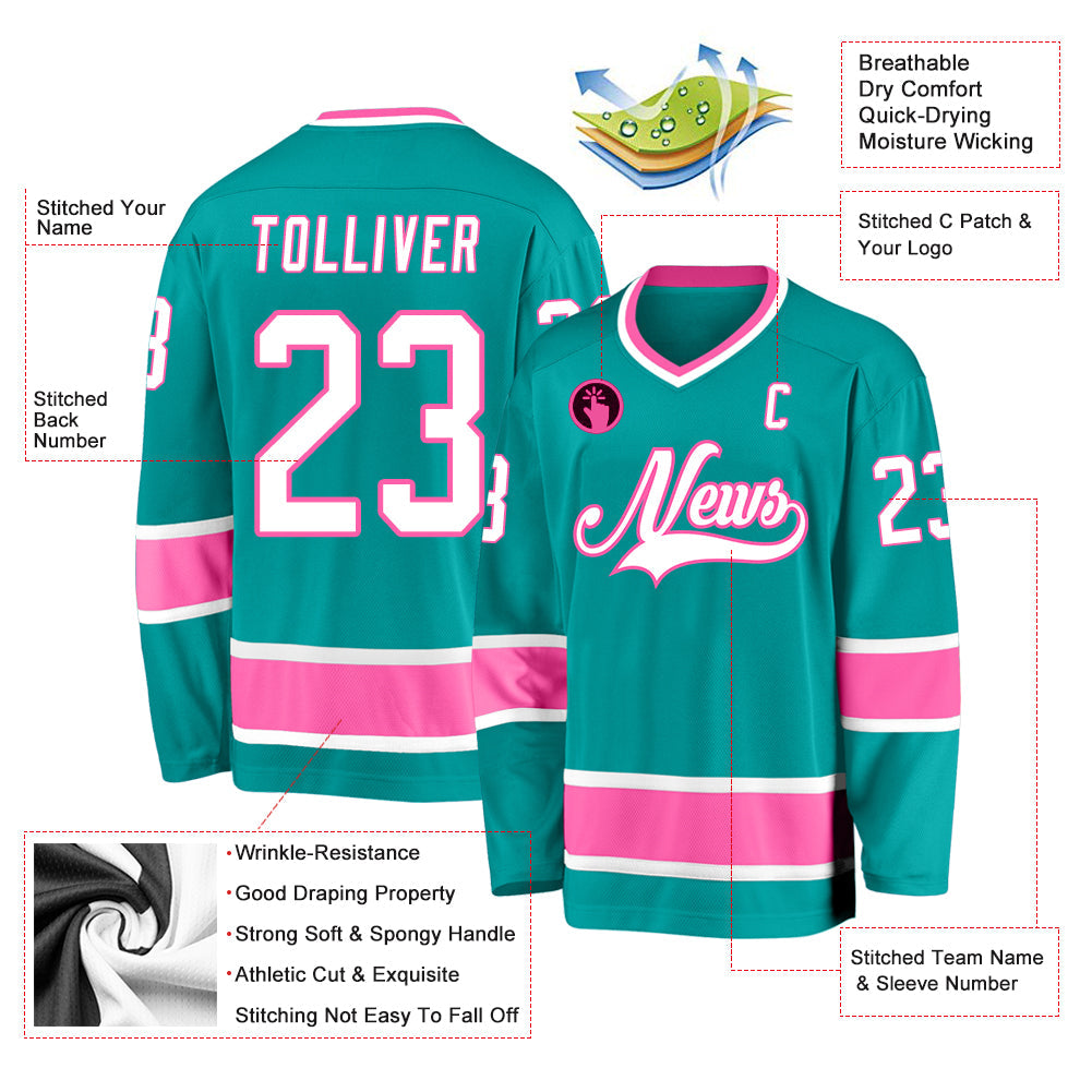 Custom Aqua White-Pink Hockey Jersey