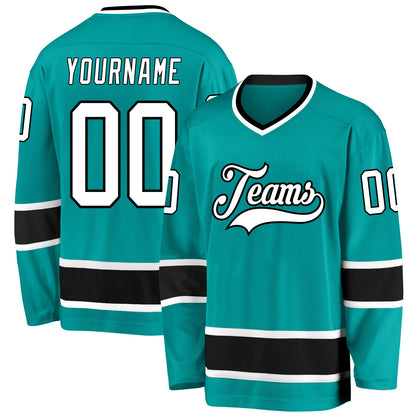 Custom Aqua White-Black Hockey Jersey