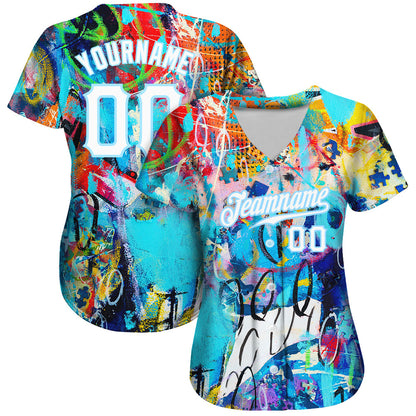 Custom Abstract Graffiti White-Light Blue 3D Authentic Baseball Jersey