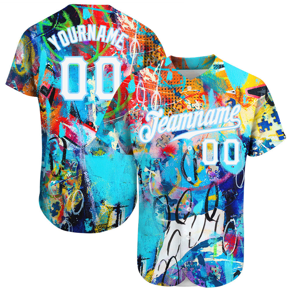 Custom Abstract Graffiti White-Light Blue 3D Authentic Baseball Jersey