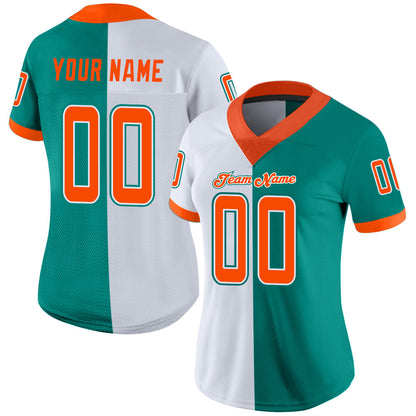 Custom Aqua Orange-White Mesh Split Fashion Football Jersey